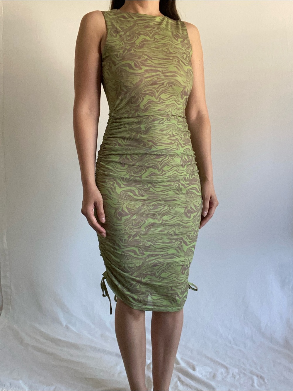 NWT Meshki Green Marble Print Ruched Mesh Midi Dress Sleeveless Bodycon